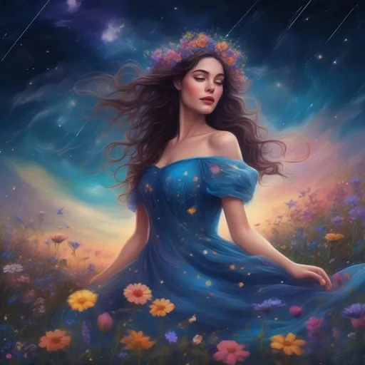 Prompt: A colourful, beautiful brunette, Persephone, in a beautiful flowing dress made of wildflowers. Framed by a nighttime sky of clouds, stars and constellations. In a photorealistic painted Disney style.