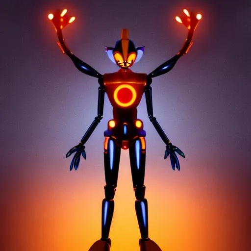 Prompt: Luminous the Animatron has a unique and captivating design that captures the essence of the FNAF-inspired world. He stands at around 7 feet tall, towering over most characters in his environment. Luminous has a humanoid appearance with a slender and graceful frame. His body is primarily composed of shiny silver and chrome-like metal, giving him a polished and futuristic aesthetic.

Luminous's face features a friendly and comforting expression, with large, expressive blue eyes that radiate warmth. He has a small, delicate nose and a slightly upturned smile, which adds to his inviting demeanor. The majority of his head is covered by a sleek, silver helmet-like structure, adorned with glowing patterns and accents.

Luminous's most notable feature is his intricate glowing patterns that cover his body. These patterns, reminiscent of circuitry and energy currents, emit a soft and mesmerizing light. The glowing patterns change color based on his emotions, creating an interactive and visually captivating experience.

He is dressed in a stylish and tailored suit, combining elements of modern fashion and futuristic design. The suit features a mix of silver, blue, and black hues, complementing his metallic appearance. Luminous wears a matching tie, giving him a polished and sophisticated look.

To enhance his presence, Luminous has subtle yet intricate mechanical details visible throughout his body, such as gears, wires, and pulsating energy cores. These details reinforce his animatronic nature while adding to his overall aesthetic appeal