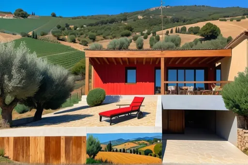 Prompt: modern wooden one-story square house, (David Hockney style), situated atop a hill, surrounded by an Italian olive farm, picturesque mountains looming in the background, bright, vivid colors, textured brush strokes, a striking red tractor nearby, serene atmosphere, inviting ambiance, ultra-detailed, (4K) resolution, capturing the essence of rural elegance and tranquility.