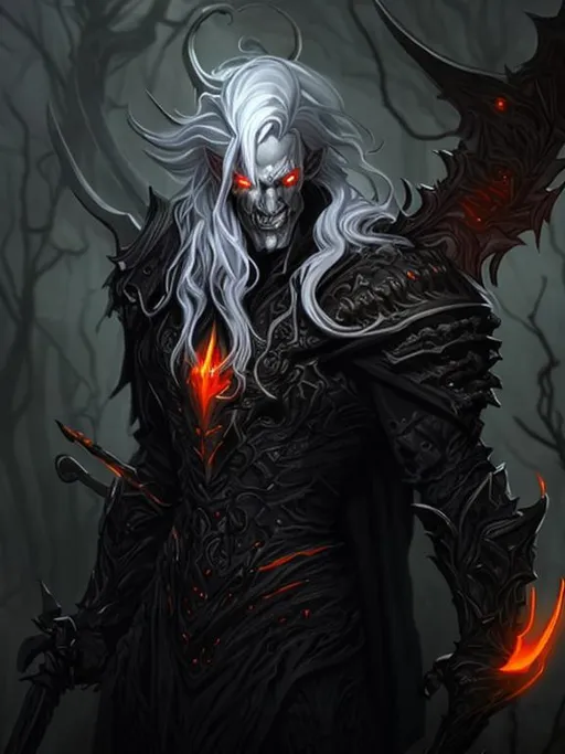 Prompt: handsome diablo-inspired necromancer in black armor with long white hair which is orange at the roots, wielding an elegant scythe, walking in a misty snowy forest