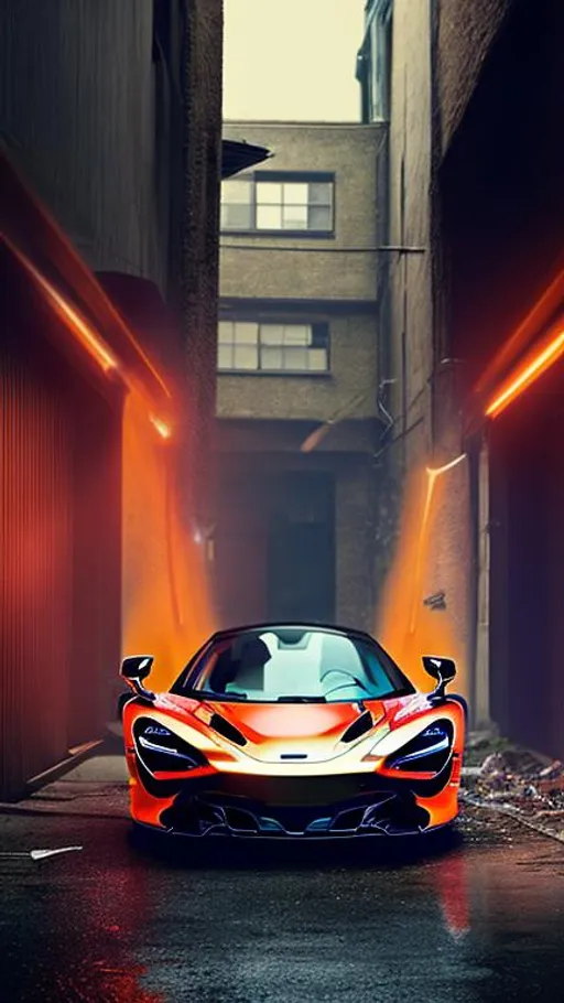 Prompt: McLaren 720s, in a dark forgotten trash filled alley way, no light coming in, with trash flying around, in the crack of dawn