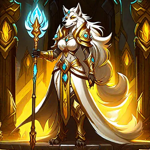 Prompt: (((a single furry anthropomorphic wolf female priestess with long hairs dressed in light fantasy white vest and tiara))), (((standing and holding a golden staff))), (((worgen female))), (((bronze fur))), hand on hip, furry art, ((world of warcraft style art)), (((only one character))), (((detailed hands))), (((detailed fingers))), (((five fingers hands))), wearing gloves, highly detailed fur, high quality, D&D inspired, ((full body picture)), (((furry body))), furry face, long hairs, digital art, high details, five fingers, (((realistic art))), dark eyes, intricate eye detail, black eyeliner, leather belt, necklace, watching at the viewer, candles, throne room, winter background, epic scenery