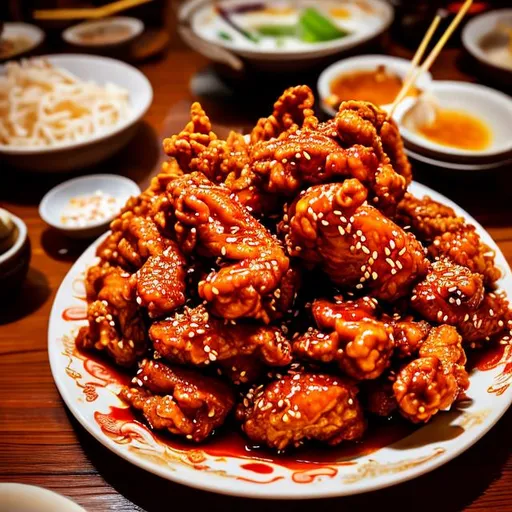 Prompt: a close up of a plate of food with chopsticks, luscious with sesame seeds, chinese, recipe, sf, ruffled wings, inspired by Mi Fu, great wings, sichuan, fiery wings, highly ornate, jaw dropping, exquisite and handsome wings, high quality food photography, yummy, wings, bo chen, fried chicken, highly intricate, wings spread, traditional chinese