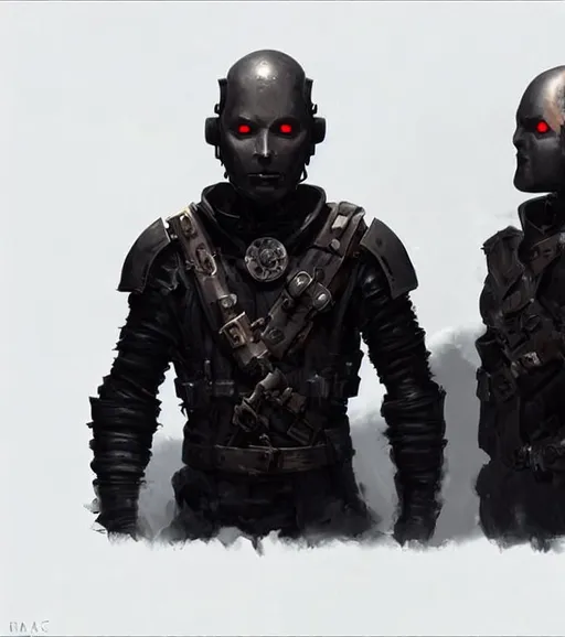 Prompt: Portrait painting of an all-black metal crash test dummy face. D&D Warforged.. Greg Rutkowski and Craig Mullins, Dark atmospheric and cinematic lighting