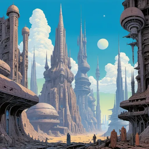 Prompt: A Coruscant-like city ruins with tall spires overrun with psychic monsters, in the style of Moebius, blue sky