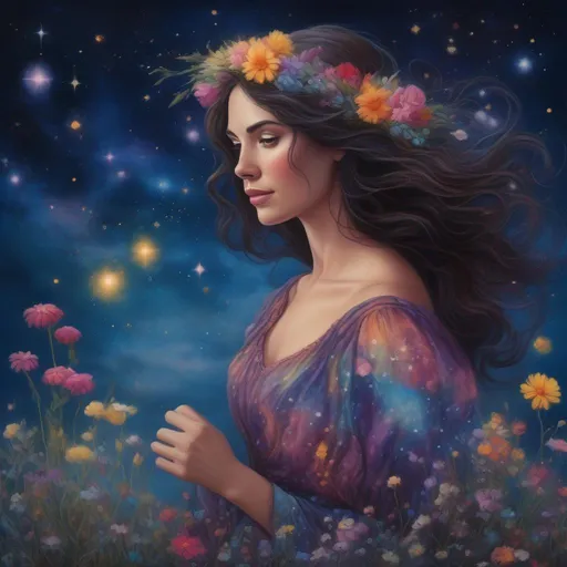 Prompt: A colourful, beautiful brunette, Persephone, in a beautiful flowing dress made of wildflowers. Framed by a nighttime sky of clouds, stars and constellations. In a photorealistic Tomas Kincaid painted Disney style.