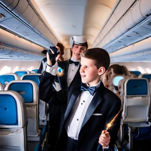 Prompt: 16 year old boy in a tuxedo in the airplane aisle wavering his magic wand at a flight attendant. Sparkling magic forms on the top of the wand as the flight attendant screams and braces for the impact of magic.