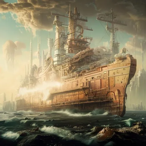 Prompt: Portrait of big ship that is exceptionally long and brown in color and floating on the sea, in the background is a city, perfect composition, hyperrealistic, super detailed, 8k, high quality, trending art, trending on artstation, sharp focus, studio photo, intricate details, highly detailed, by greg rutkowski

