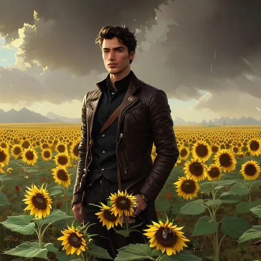 Prompt: Wide angle full body splash art portrait of a young skinny ruggedly handsome dark brown haired man with short hair, 30 years old, in a sunflower field, very dark brown eyes, victorian light clothes, elegant, highly detailed, intricate, smooth, sharp focus, artstation, digital painting, concept art, art by greg rutkowski, alphonse mucha and John William Waterhouse, light, romantic, nostalgic, warm colors, golden light
