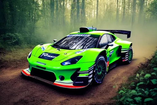 Prompt: Motorsport, rally, bright future, motorsport in 2050s, motorsport in future, rally in future, rally in bright future, forest, ev rally, futuristic cars