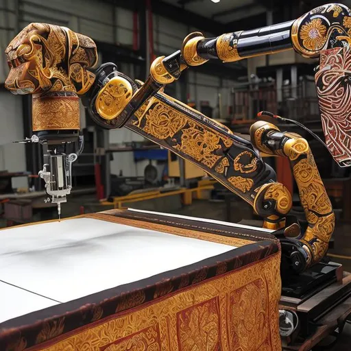 Prompt: a glossy robotic arm hold canting and crafts Indonesian Batik with Parang motif