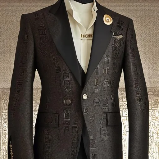 Prompt: A black men's suit filled with pharaonic inscriptions blending with a modern cut of Italian elegance