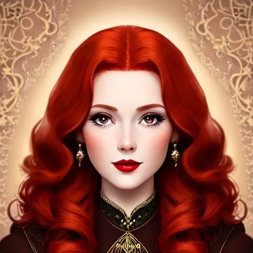 Prompt: A profoundly fair demure redhead servant in dull brown conservative gown.
Fantasy, stylized, CGI, red gloss lips, rosy cheeks, mystical vibe.