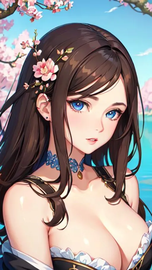 Prompt: beautiful woman, perfect blue eyes, highly detailed eyes, attractive face, short brown wavy hair, cute top, detailed mouth and nose, aesthetic, masterpiece, oil painting, upper body picture, old cherry tree, black top