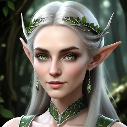 Prompt: Lady Lysandra Silversong

Physical Traits:

Age: Appears to be in her late 20s, but her Elven nature makes her far older.

Build: Tall and slender, moving with the grace of a dancer.

Facial Features: Exquisite, with delicate features and high cheekbones.

Eyes: Bright green, almost glowing, hinting at her Elven lineage and connection to nature.

Hair: Long, silvery-blonde hair, braided with strands of gold.
