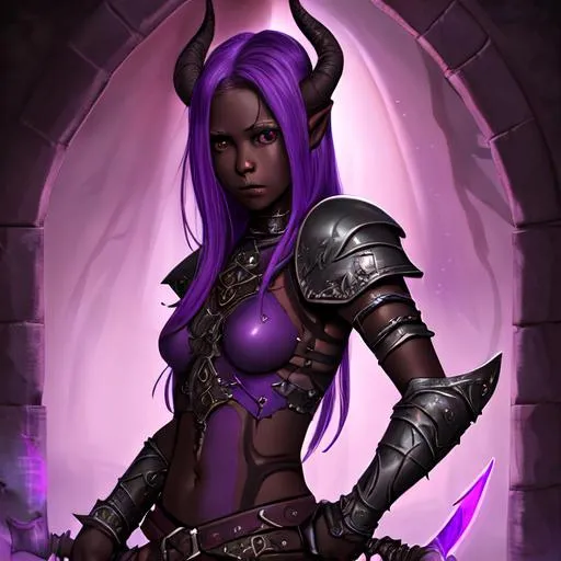 Prompt: Portrait of an adolescent, scared, innocent, beautiful tiefling girl with very dark ash skin, wearing tattered leather armor wielding light purple psionic blades on her hand