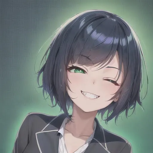 Prompt: anime portrait of a cool girl, dark blue hair, green eyes, smiling, posing, small nose, hair highlights, school setting, wink, one eye closed, sharp teeth, black school uniform, in school, sunny, short hair, glowing green background, petite, young, in school, ultra high quality, movie cinematic graphic, 16k
