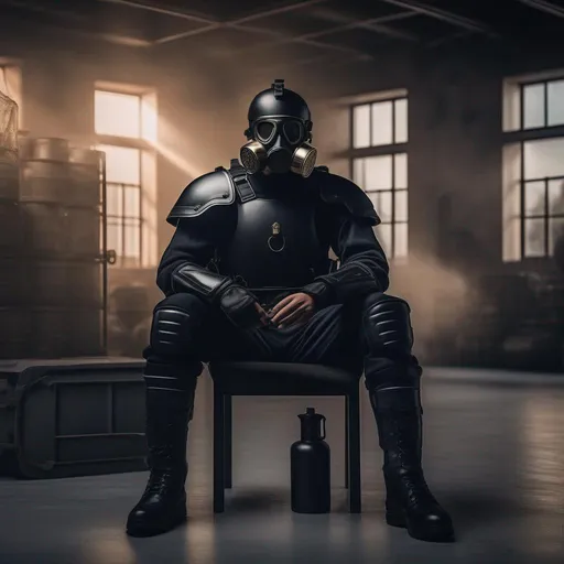 Prompt: A depression modern roman military male in black military roman armor, and gas mask, sitting on a chair in military base, Hyperrealistic, sharp focus, Professional, UHD, HDR, 8K, Render, electronic, dramatic, vivid, pressure, stress, traumatic, dark.