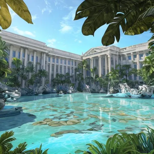 Prompt: White marble university surrounded by blue water and jungle environments