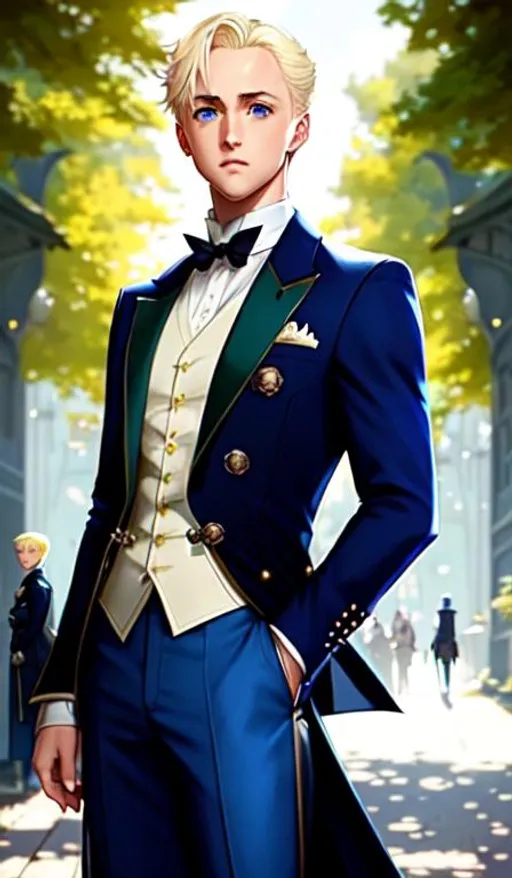 Prompt: scenic jrpg character concept full body from head to feet (young man, Draco Malfoy), (light skin, blonde hair, blue suit) symmetrical face, accurate anatomy delicate, soft lighting, Summer, deep colors, cinematic, poster art, bokeh | by Bagshaw, Chevrier, Ferri, Kaluta, Minguez, Mucha | blank ackground