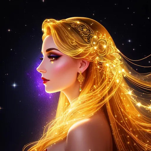 Prompt: Profile of a woman's face, bold nose, ((intricate long flowing multicolored
 hair)), (long flowing gown), (gold filigree hair decoration), sparkling veils, snow white skin, ethereal, luminous, fireflies, galaxy, neon light trails, glowing, nebula, dark contrast, celestial, trails of light, sparkles, 3D lighting, celestial, gold filigree, soft light, vaporwave, fantasy