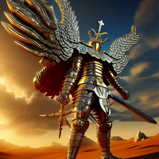 Prompt:  Extremely detailed godly armor, HDR, UHD, 64K, highly detailed ultimate winged king holding realistic big cross, rhads, global illumination, forest, akira toriyama, crystals explosion 