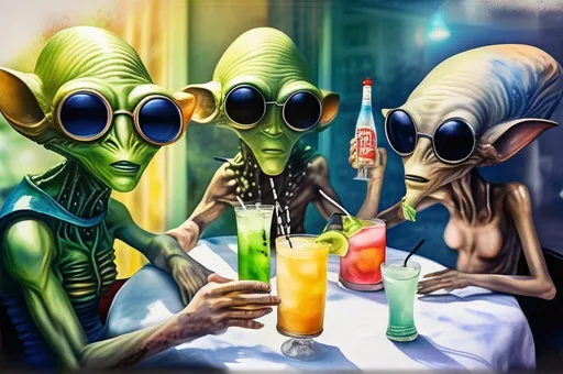 Prompt: Watercolor painting in the style of Renoir of several aliens are sitting at a table with cocktails drinks, old vintage scene, ecommerce photograph, cgsociety ), intelligent eyes. centered, funny sunglasses, two aliens around, group, nightlife, at the terrace, winning photo, Watercolor, trending on artstation, sharp focus, studio photo, intricate details, highly detailed