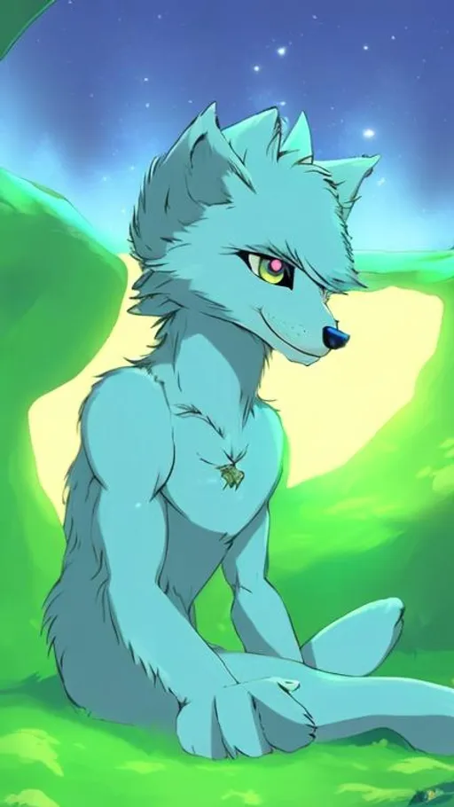 Prompt: A light blue, purle, anthro wolf boy is sitting in a cave