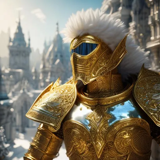 Prompt: beautiful photograph of most beautiful fictional, Knight, male, goodnes, angelic, White and golden, extremely, detailed environment, detailed blur background, intricate, detailed skin, natural colors , professionally color graded, photorealism, 8k, moody lighting.