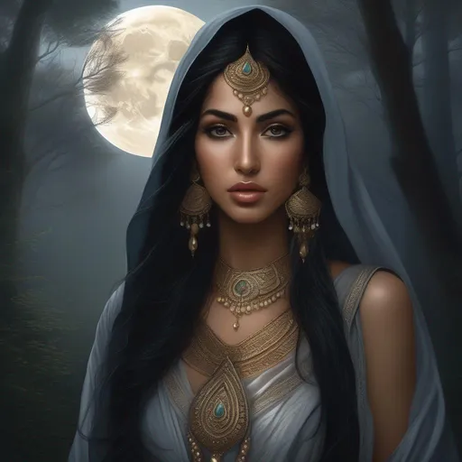 Prompt: highest quality anime art masterpiece, digital drawing, muslim lek woman with long black hair:vistani, sad in a forest on a dark foggy night, tanned skin:2, waxing moon, huge long big hooked greek aquiline algerian oriental arabic nose, ethereal, jewelry set, highres, realistic, highly detailed, fantasy, gypsy, roma, D&D, Ravenloft, by Ilya Kuvshinov