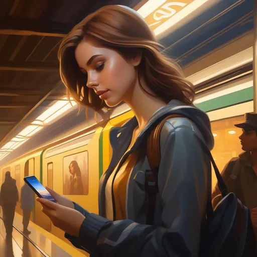 Prompt: Third person, gameplay, Brazilian girl, pale skin, light brown hair, brown eyes, 2020s, smartphone, São Paulo subway station, foggy, golden atmosphere, cartoony style, extremely detailed painting by Greg Rutkowski and by Henry Justice Ford and by Steve Henderson 