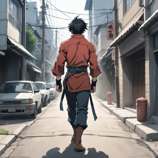 Prompt: a strong fighter walking down a street. anime art drawing