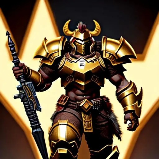 Prompt: A humanoid Warthog barbarian, 
Wearing doom slayer style golden armor, wielding a morningstar in his right hand.