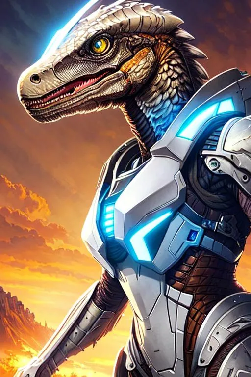 Prompt: Poster art, high-quality high-detail highly-detailed breathtaking hero ((by Aleksi Briclot and Stanley Artgerm Lau)) - ((a velociraptor raptor)), female,  full form detailed raptor mech suit, 8k ivory and baby blue helmet, highly detailed raptor head helmet, add some magenta, glowing chest emblem ,carbon fibre helmet, raptor mech armor, raptor dinosaur, detailed scales, detailed ivory mech suit, full body, black futuristic mech armor, wearing mech armour suit, 8k,  full form, detailed forest wilderness setting, full form, epic, 8k HD, ice, sharp focus, ultra realistic clarity. Hyper realistic, Detailed face, portrait, realistic, close to perfection, more black in the armour, 
wearing blue and black cape, wearing carbon black cloak with yellow, full body, high quality cell shaded illustration, ((full body)), dynamic pose, perfect anatomy, centered, freedom, soul, Black short hair, approach to perfection, cell shading, 8k , cinematic dramatic atmosphere, watercolor painting, global illumination, detailed and intricate environment, artstation, concept art, fluid and sharp focus, volumetric lighting, cinematic lighting, 
