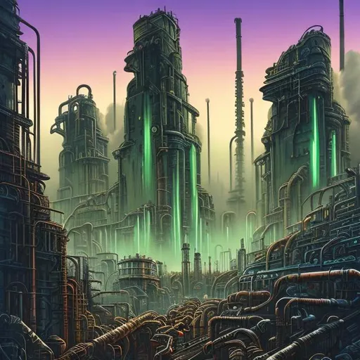 Prompt:  fantasy art style, painting, brutalist architecture, brutalism, brutalist building, pipes, industrialisation, industry, power plants, nuclear fusion, concrete, metropolis, giant, crowded, dense city, overpopulated, crowds, neon lights, green neon lights, purple neon lights, pollution, gas emissions, smog, fog