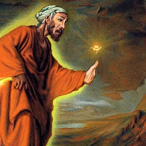 Prompt: A prophet having a "Eureka" moment as the truth is revealed to him about God, full body, divine revelation, total clarity