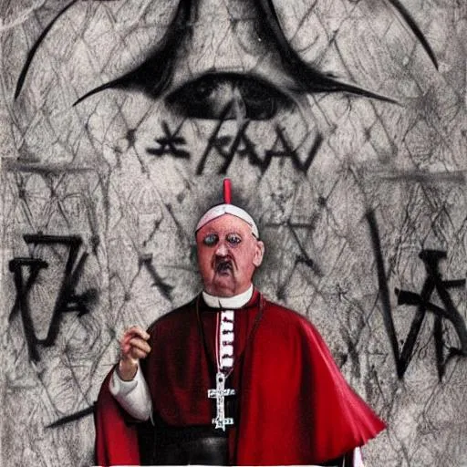 Prompt: hyper realistic hyper real vatican pope with hitler mustash and 666 drawn in red ink on forehead in red ink  in front of upside down american flag mark of beast on skin inside the vatican federal reserve wearing 666 all over with 666 on forehead damnit spraying graffiti on vatican ascending out of hell with swastikacross on forehead