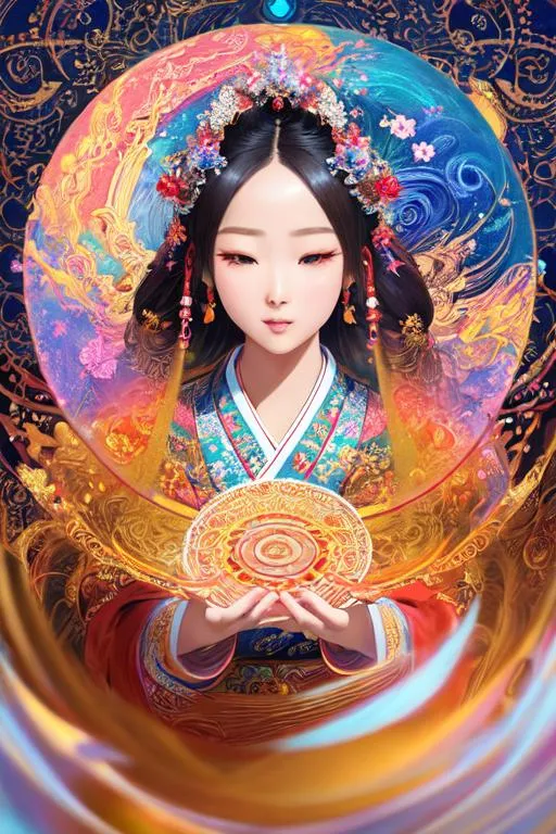 Prompt: masterpiece intricate hyperdetailed elaborate looking from above, view from above,

masterpiece intricate best quality elaborate hanbok girl joyful, rotate the circle, dynamic pose,

cinematic light,

sand canvas colorful ink painting, fluidity light floating in the air,

album cover art, 128K resolution, masterfully crafted, hyperdetailed 2D vector concept art picture, vector, illustration, character concept, 2D fantasy concept art style, heroic fantasy art,

Carne Griffiths, Conrad Roset, Huang Guangjian, CGSociety, ZBrush Central, Victo Ngai,