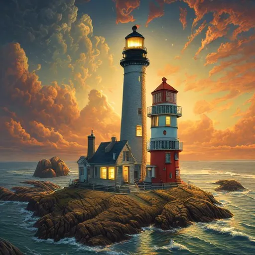 Prompt: light house , vintage, hyperdetailed, 8k resolution concept art, complementary colors, deep color, hyperrealism, photorealism, golden hour, complex, detailed, expansive, photorealistic, retro, Julian Pott style