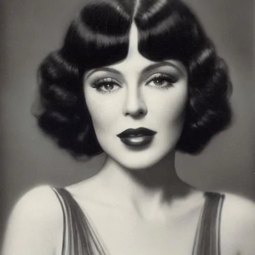 Prompt: Black and portrait of kylie Minogue in the style of the 1920s Actress Louise Brookes with black hair in a bob haircut