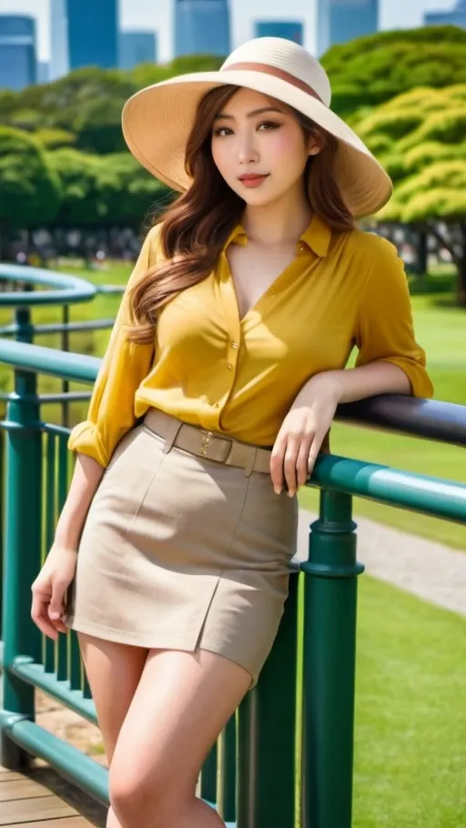 Prompt: Beautiful curvaceous young Japanese woman is leaning on a railing, community park background, chestnut hair, vibrant gray eyes, unbuttoned yellow blouse, khaki miniskirt, long shapely legs, suede sandals, yellow sun hat, perfect diamond face, bold makeup, buxom, hourglass feminine physique, sun shine, high-res, fashion photography, realistic, artistic, relaxed pose, summer fashion, light earth tone color scheme, high detail, high quality, Tokyo park setting, skyline in the background.
