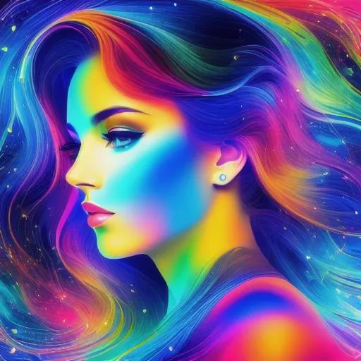 Prompt: Abstract portrait of beautiful female, cosmic landscape background, in style of post modernism 