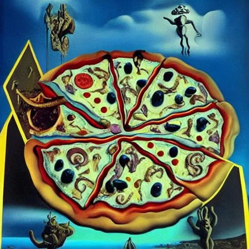 Prompt: Salvador Dali's Painting of the Death by Pizza Planet, child torture, satanic ritual, Jeffrey Epstein, triadic colors backlit
