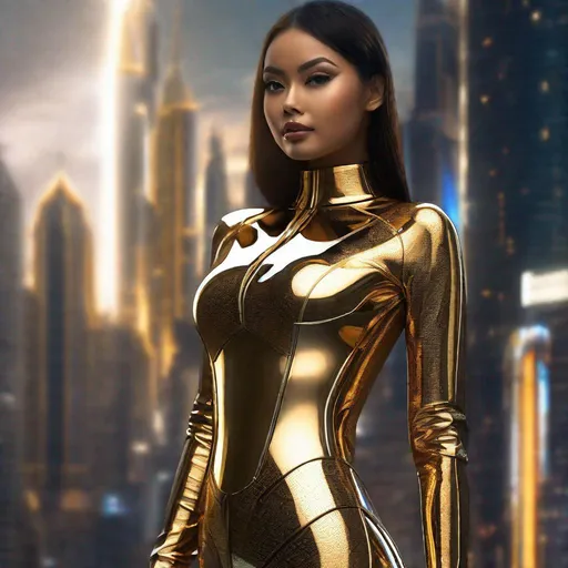 Prompt: pretty young Indonesian woman, 25 year old, (round face, high cheekbones, delicate nose), wearing shiny body suit, posing for picture, perfect hourglass figure, octane render, golden ratio, cyberpunk art by Nelson Alexander Ross, cgsociety, retrofuturism, futuristic, daz3d, made of liquid metal, evening cityscape backdrop