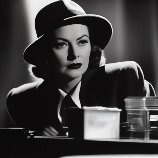 Prompt: black and white film stock, high contrast, full body movie clip of the most beautiful detective in the world, ((black and white photography)), (((Greyscale:1. 4))), (film grain), portrait, close up, eye focus, Noir 1940's detective woman, (scowl), (ash tray), (smoky room), private investigator, sitting at a desk, cup of hot coffee, (blush) ((bangs)), long hair, ((black 1940's fedora)), freckles, detailed symmetrical face, ((black hair:1. 4)), shiny hair, ((ringlet hair)), dark reflective eyes, (Smokey eyeliner), makeup, (dark lipstick:1. 3), (shiny lips), (white sclera), skinny, dust particles, detailed lighting, (noir lighting), rim lighting, dramatic lighting, ((chiaroscuro)), (silver jewelry), pinstripe trousers, (bowling shoes), ((detective trenchcoat)), (long trenchcoat), (detectives office), (filing cabinets), ceiling lamp, (from below), black and white photography, depth of field, shallow focus,