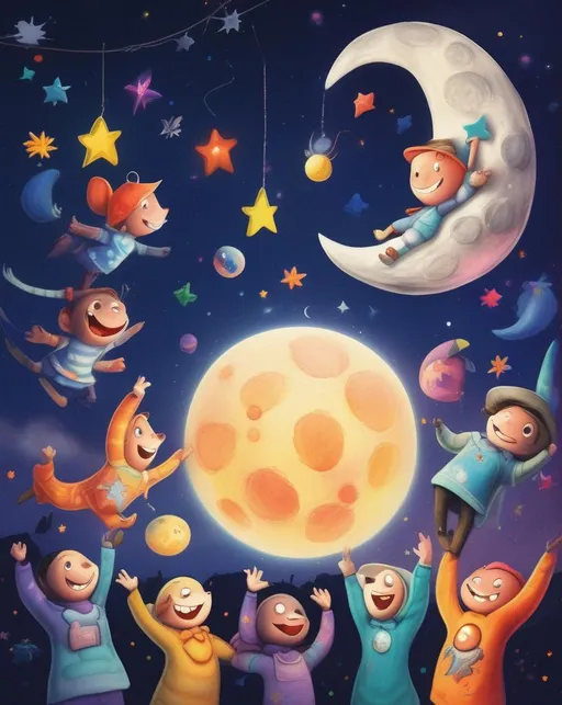 Prompt: A vibrant fantasy picture book scene of anthropomorphic moon characters celebrating under a starry night sky, with brightly colored moon-themed decorations. Shot with a fisheye lens on a Fuji X-T4 for a fun perspective. The mood is lively, magical, birthday. In the style of children's book illustration.