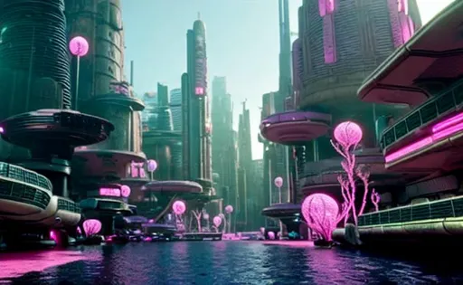 Prompt: a densely-packed sci fi city with a pink-water river on the ground, cinematic, small details