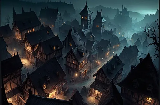 Prompt: Warhammer fantasy rpg style town eerie atmosphere night