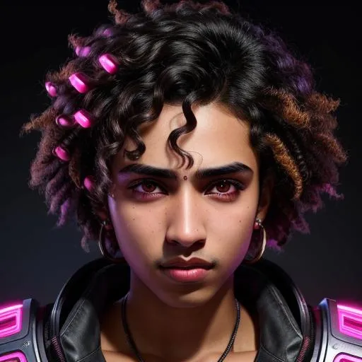 Prompt: A brown skin boy with short curly hair and black eyes with a pointed nose and hairy eyebrow with pink lower lip and brown upper lip with a cyberpunk background, super highly detailed, intricate details, 8k, Ultra HD, Professional, Sharp focus, studio photo, Render, realism