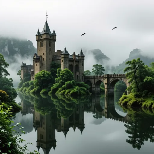 Prompt: ancient castle with moat and drawbridge, (majestic), surrounded by misty fog, crumbling stone walls, dramatic skies, (atmospheric lighting), lush green vegetation encroaching on the castle, serene water reflections, birds soaring above, (highly detailed), (cinematic), enchanting ambiance, (4K), evocative fantasy setting.